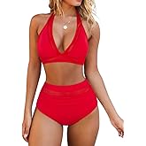 OMKAGI Women Mesh High Waisted Bikini Set Sexy V Neck Tummy Control Swimsuit Bathing Suit