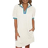 Fisoew Womens Summer Puff Short Sleeve Mini Dress Quarter Zip V Neck Casual Textured Loose Fit Active Sweatshirt Dresses
