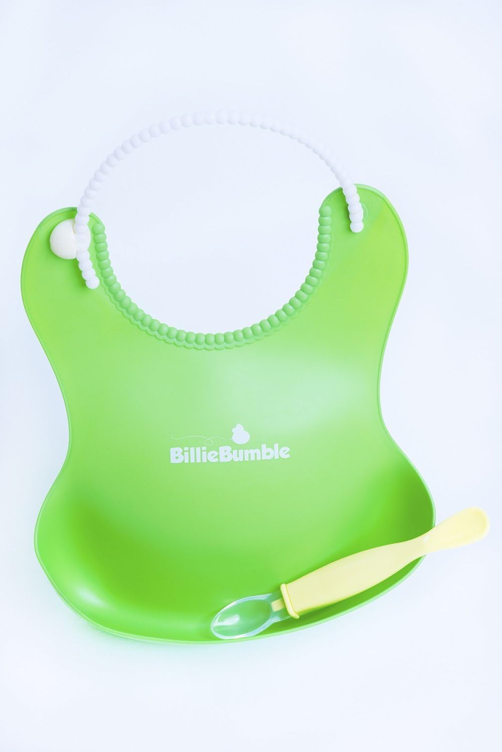 2 Pack Silicone Baby Bibs with BONUS Silicone Spoon and Recipes! Soft, Waterproof, Easy to Wash in Green and Yellow.