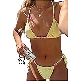 Milumia Women's 2 Piece Bikini Sets Beaded Halter String Triangle Swimsuits Cheeky Bathing Suits