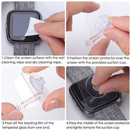 EZCO Fitbit Versa Screen Protector (4-Pack), Waterproof Tempered Glass Screen Protector Cover Saver for Fitbit Versa Smart Watch Scratch Resist 99.9% Clear HD Anti-Bubble Protective Film