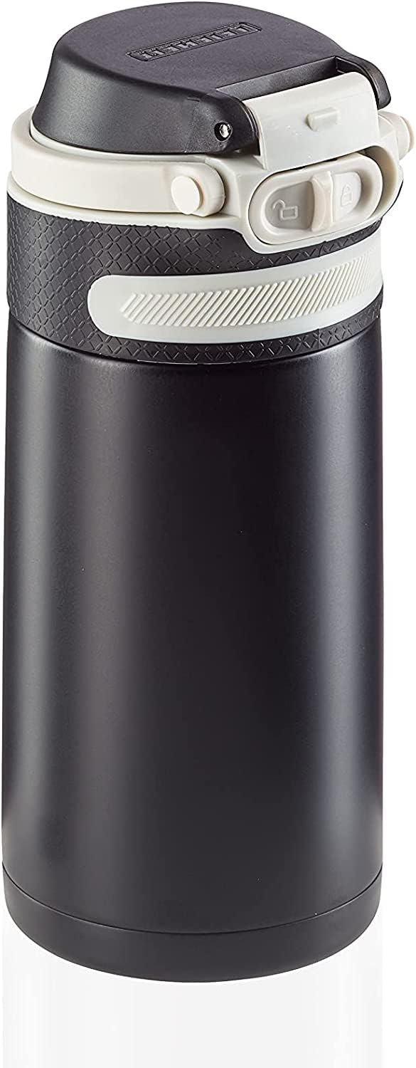 Leifheit Insulating Mug Flip 350ml, coffee mug 100% leak-proof, practical one-hand opening, drinking mug to go with fruit filter, keeps drinks hot for up to 6 hours, black