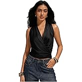 SHENHE Women's Satin Wrap Ruched Tie Side Tank Top Deep V Neck Sleeveless Elegant Blouse