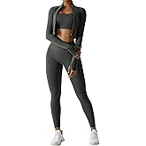 Workout Sets for Women 3 Piece High Waisted Seamless Leggings Crop Top Jacket Gym Yoga Outfit Stretchy Sports Bra Sets