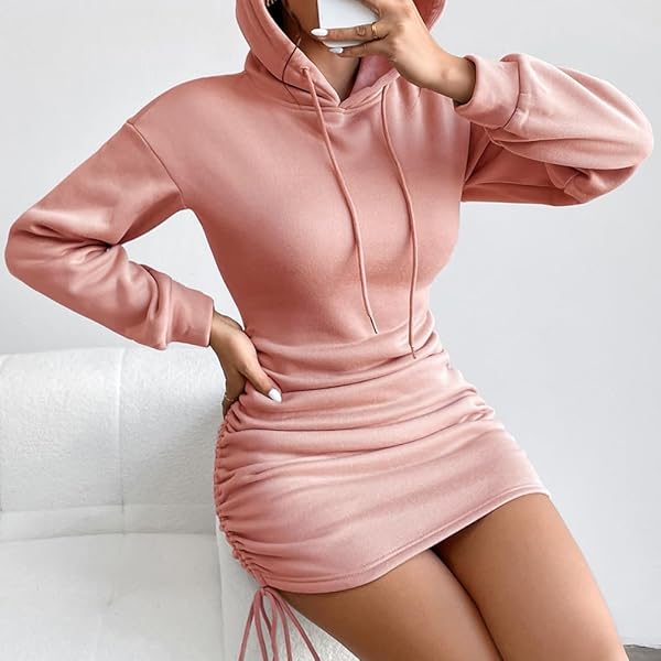 FUIMSUL WOMEN DRAWSTRING SIDE RUCHED HOODIES DRESS DROP SHOULDER LONG SLEEVE CASUAL SOLID BODYCON TUNIC SWEATSHIRT DRESS PINK