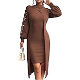 winkbay Women's Elegant Mock Neck Lantern Long Sleeve Dress Pearl Split Bodycon Cocktail Party Dresses