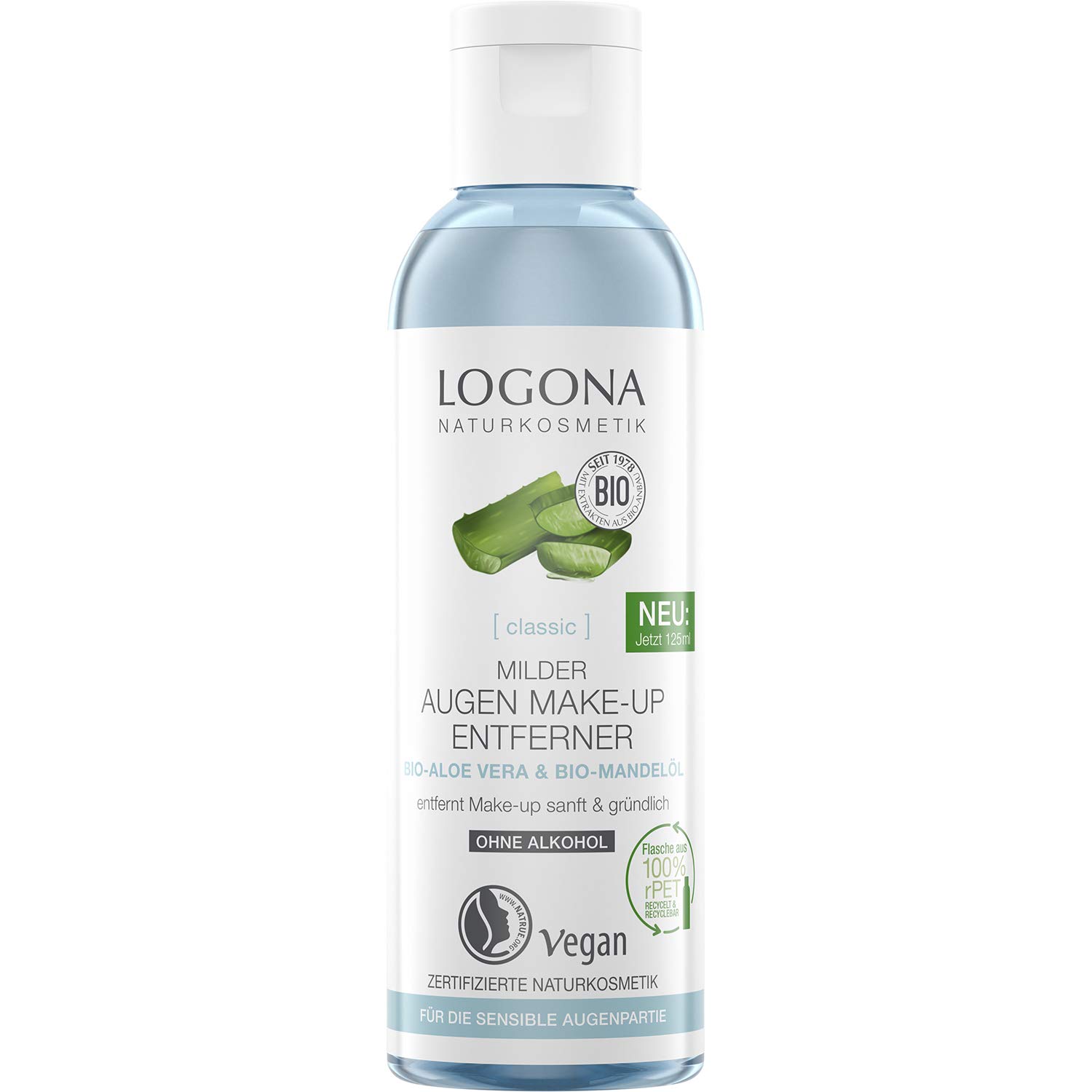 Logona Organic Eye Make-Up Remover Natural Cosmetics with Organic Aloe Vera and Almond Oil, Removes Waterproof Make-Up Gentle and Mild, Natural & Vegan, 125 ml