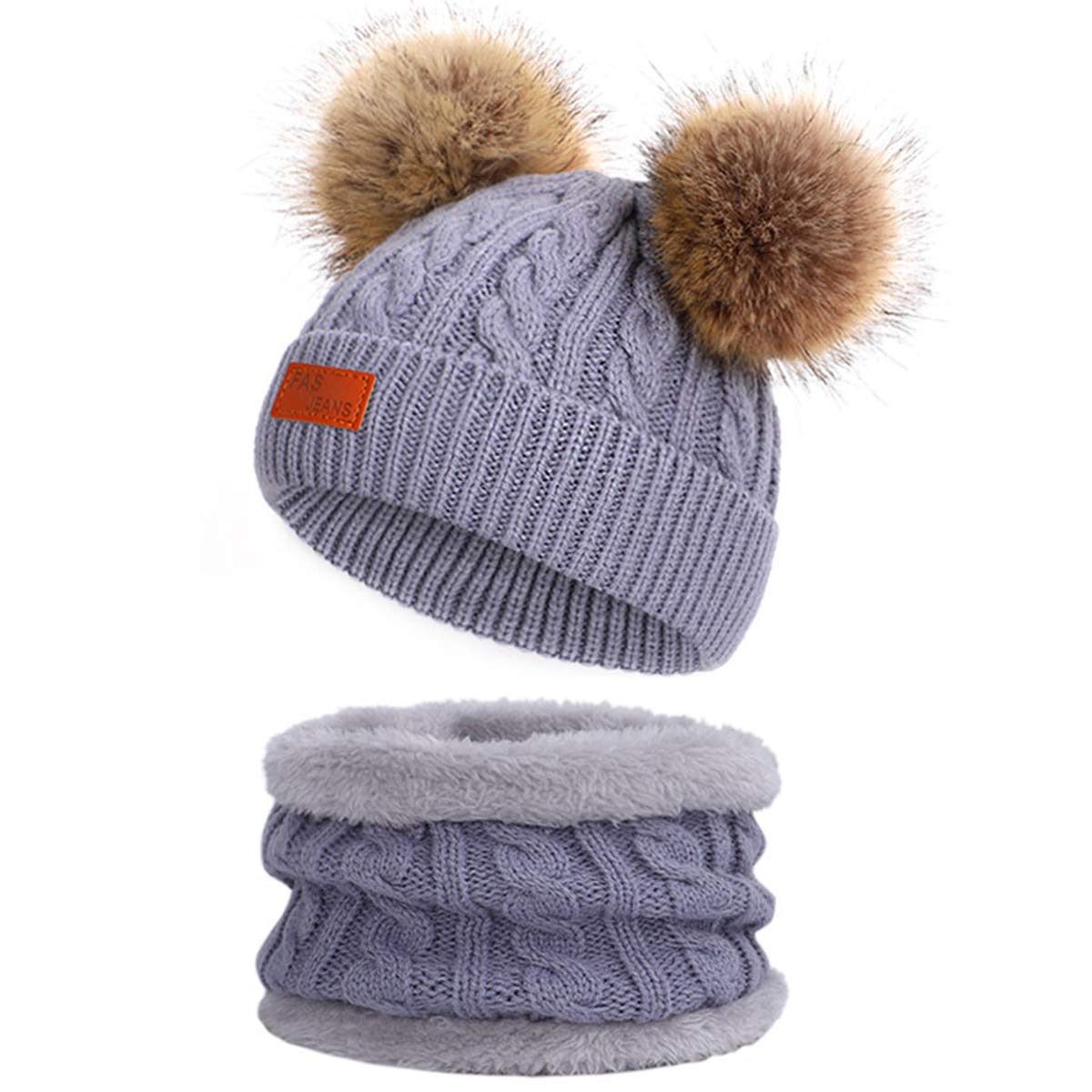 Simoda Children's Winter Hat Scarf Set Knitted Warm Skiing Beanie Cap with Lovely Pompom (Grey)