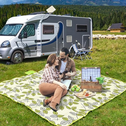 ADRIMER Large Picnic Blanket 77" x 79", Outdoor Waterproof Picnic Mat, Portable Beach Blanket for Family, Beach, Park, Camping, Hiking, Green Leaf