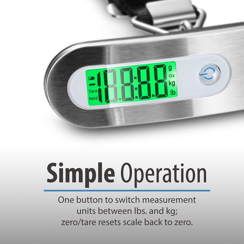  | Fosmon Digital Luggage Scale, Digitial LCD Display Backlight Baggage Scale with 110lbs Capacity, Portable Stainless Steel Hanging Luggage Weight Scale with Tare Function for Travelers - Silver | Luggage Scales