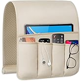 WETRBWEH TV Remote Control Holder Couch Caddy, Non-slip Bedside Caddy Organizer with 5 Pockets for Key Glasses Phone Magazine Holders (Beige, 35"x12.4")