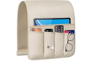 WETRBWEH TV Remote Control Holder Couch Caddy, Non-slip Bedside Caddy Organizer with 5 Pockets for Key Glasses Phone Magazine Holders (Beige, 35"x12.4")