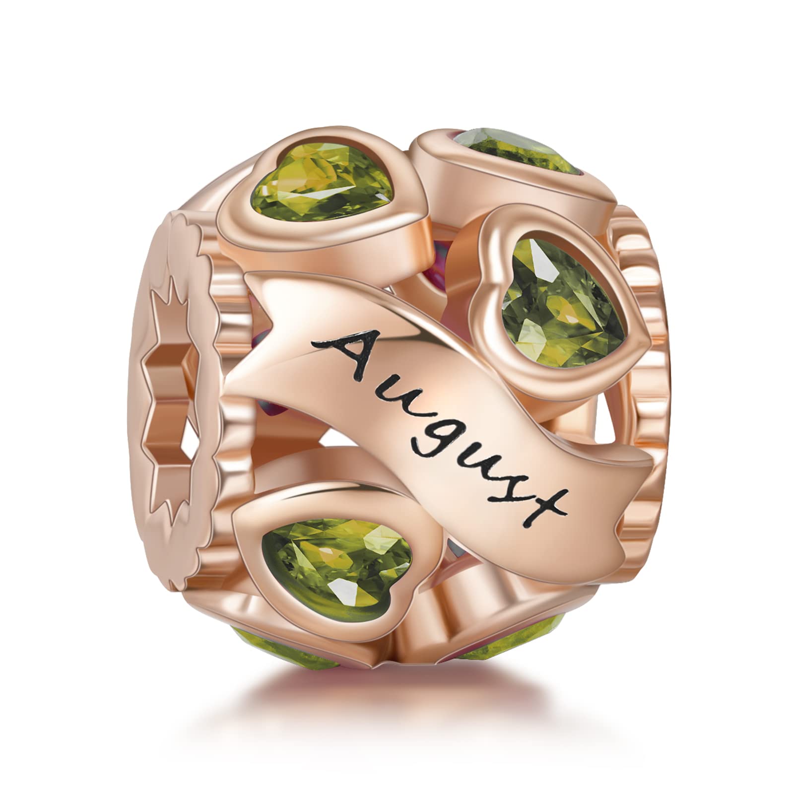 NINGAN August Birthstone Charms Rose Gold 925 Sterling Silver Love Heart Bead for Charm Bracelets and Necklaces with 5A Cubic Zirconia, Birthday Gifts