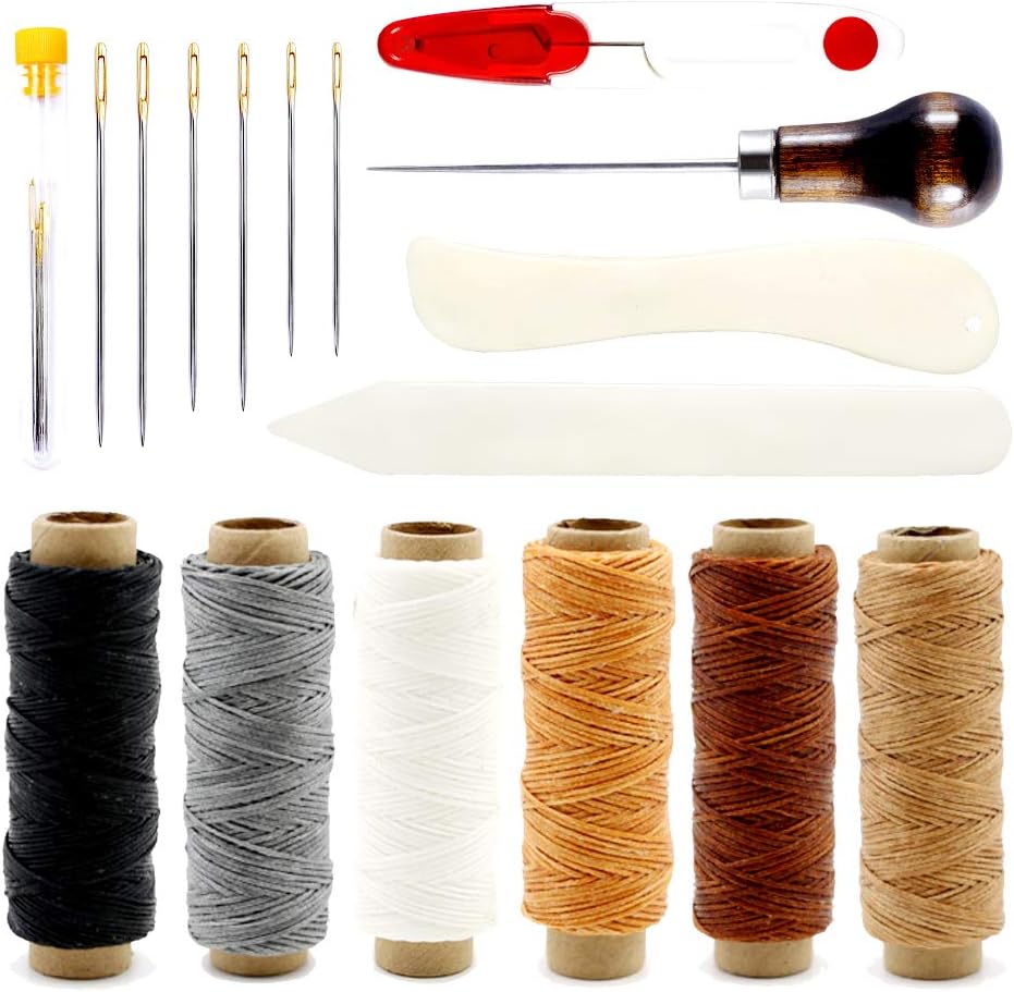 Leather Sewing Kit, 6 Color Waxed Thread with 3 Sizes Large Eye Sewing Needles, Scissor, Awl, Bone Folder for Leather Stitching Leather Sewing Tools and Supplies