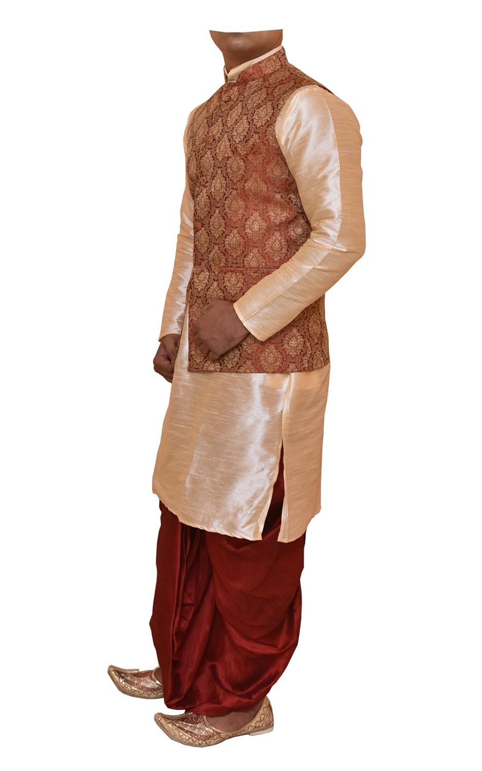 modern garments men's golden kurta maroon dhoti & designer jacket waistcoat