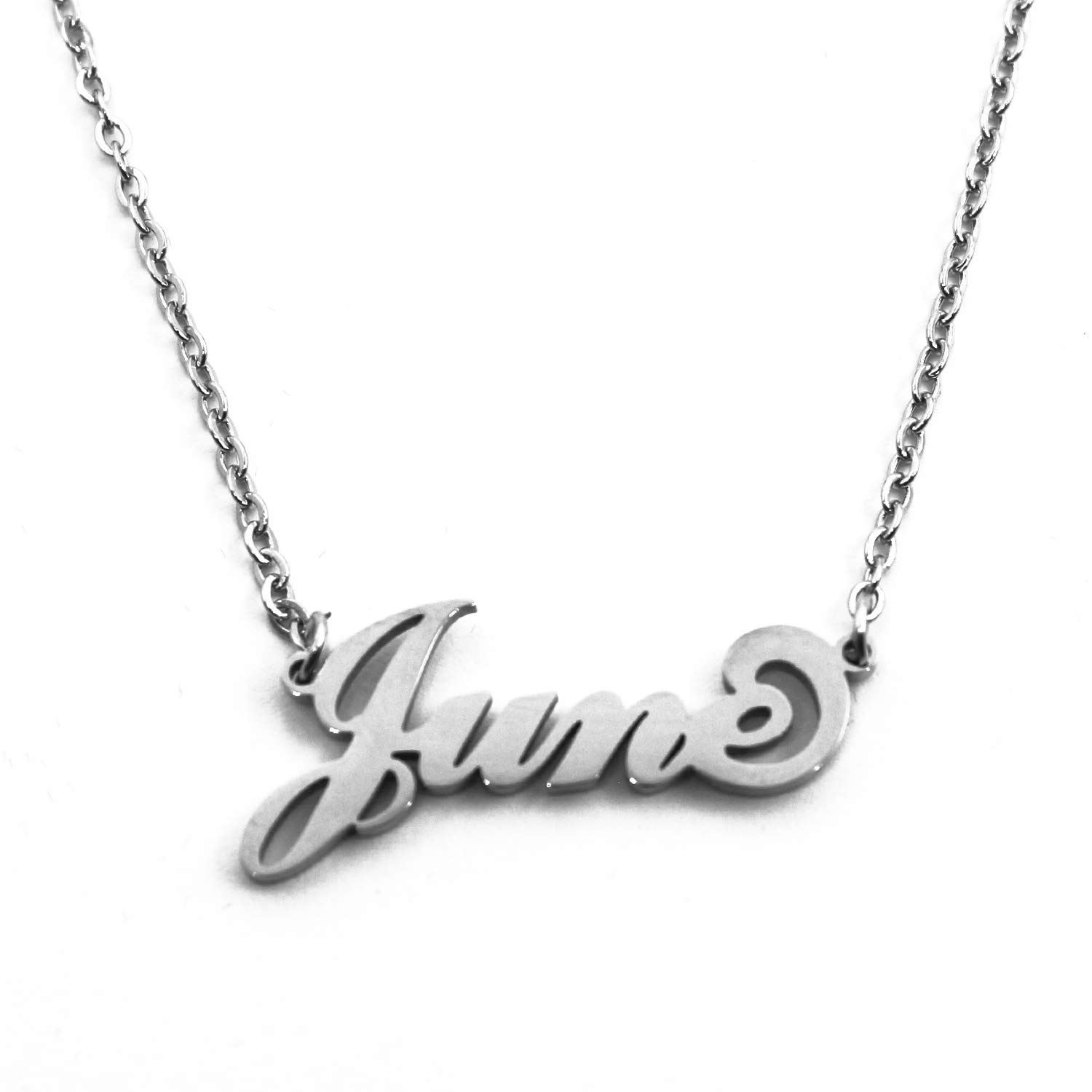 Kigu June Name Necklace Personalised Silver Tone, Custom Dainty Name Pendants, Jewellery for Ladies, Girlfriend, Mother, Sister, Friends