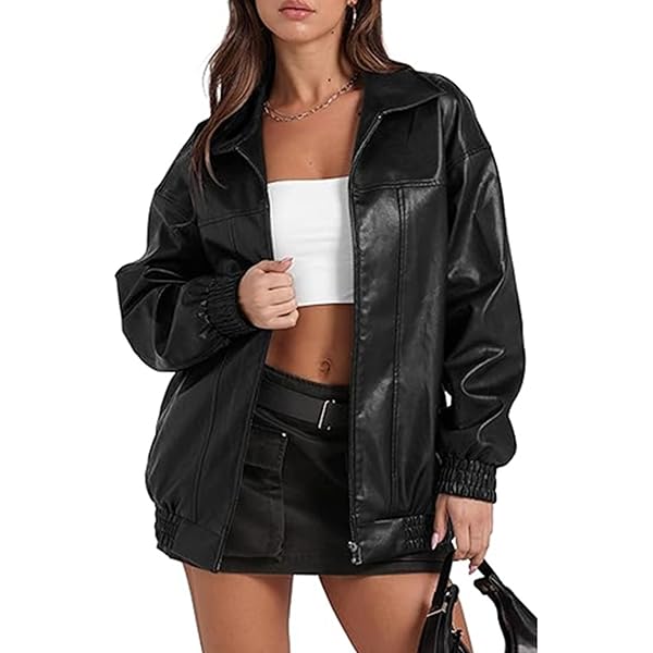 Sexyshine Women's Oversized Faux Leather Jacket Lapel Collar