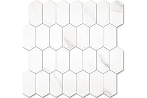 Vamos Tile Long Hexagon Peel and Stick Backsplash Tile - 10 Sheets Stick on Backsplash for Kitchen and Bathroom 12.4 x 12 Inch White Marble Look PVC Self Adhesive Mosaic Wall Tiles
