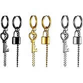 Rofusn Lock Key and Long Chain Earrings Set for Women Men, Stainless Steel Dangle Hoop Earrings Hinged Piercing Hoops for Valentines Halloween