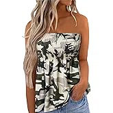Floral Smocked Ruffled Strapless Bandeau Tank Women Summer Backless Tube Top Sleeveless Loose Holiday Shirts Blouse