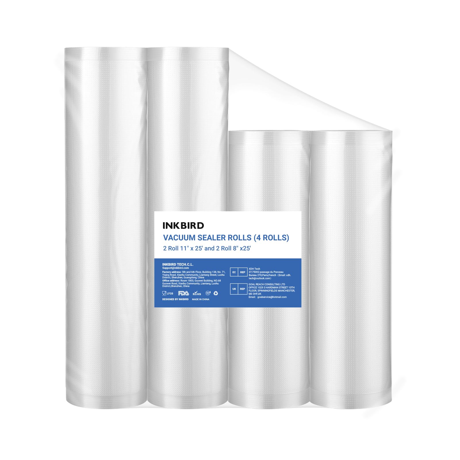 Photo 1 of INKBIRD 4 Rolls Vacuum Sealer Bags, 11" x 25' 2 Rolls & 8" x 25' 2 Rolls Vacuum Sealer Rolls for Food Saver, Sous Vide Bags Food Storage Freezer Sealer Bag for Cooking with BPA Free