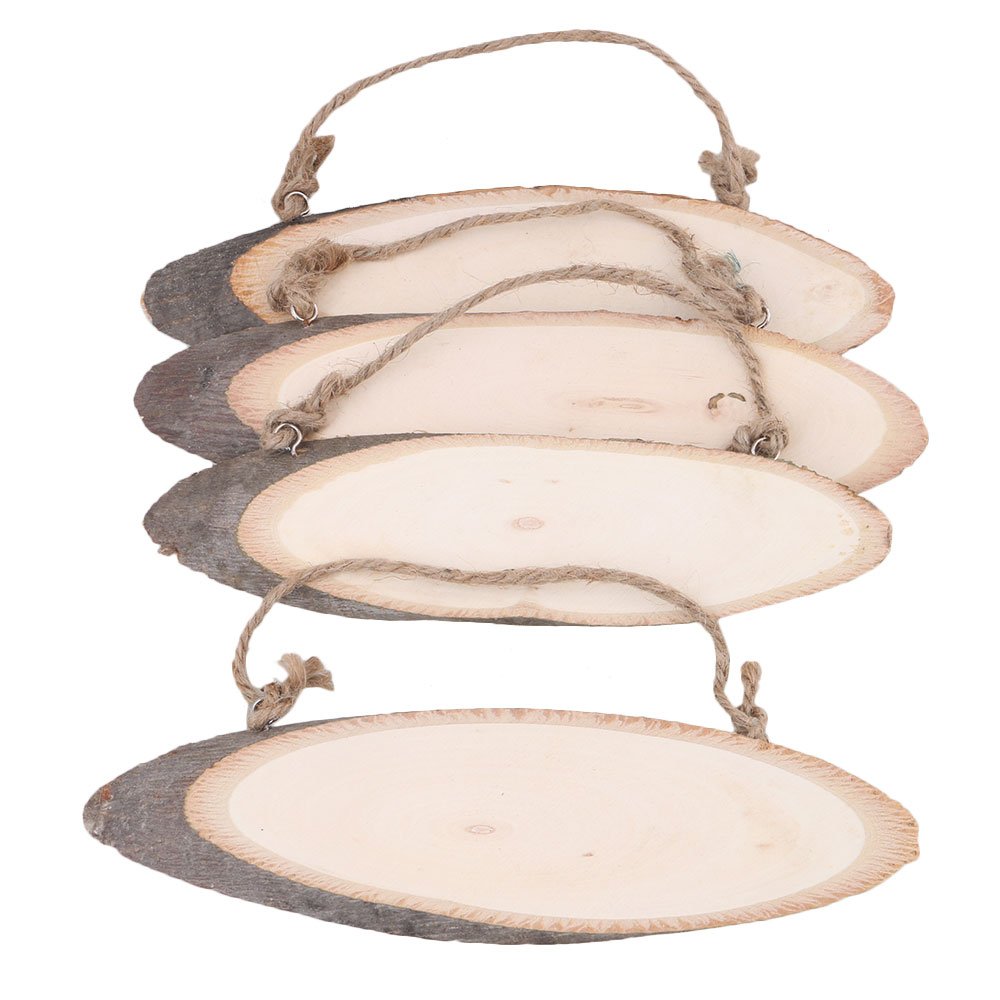 BQLZR 17cm-21cm Natural Pine Wood Log Slices Oval Shaped Discs Tree Bark Wooden Circles with Rope for DIY Crafts Rustic Wedding Ornaments Pack of 4