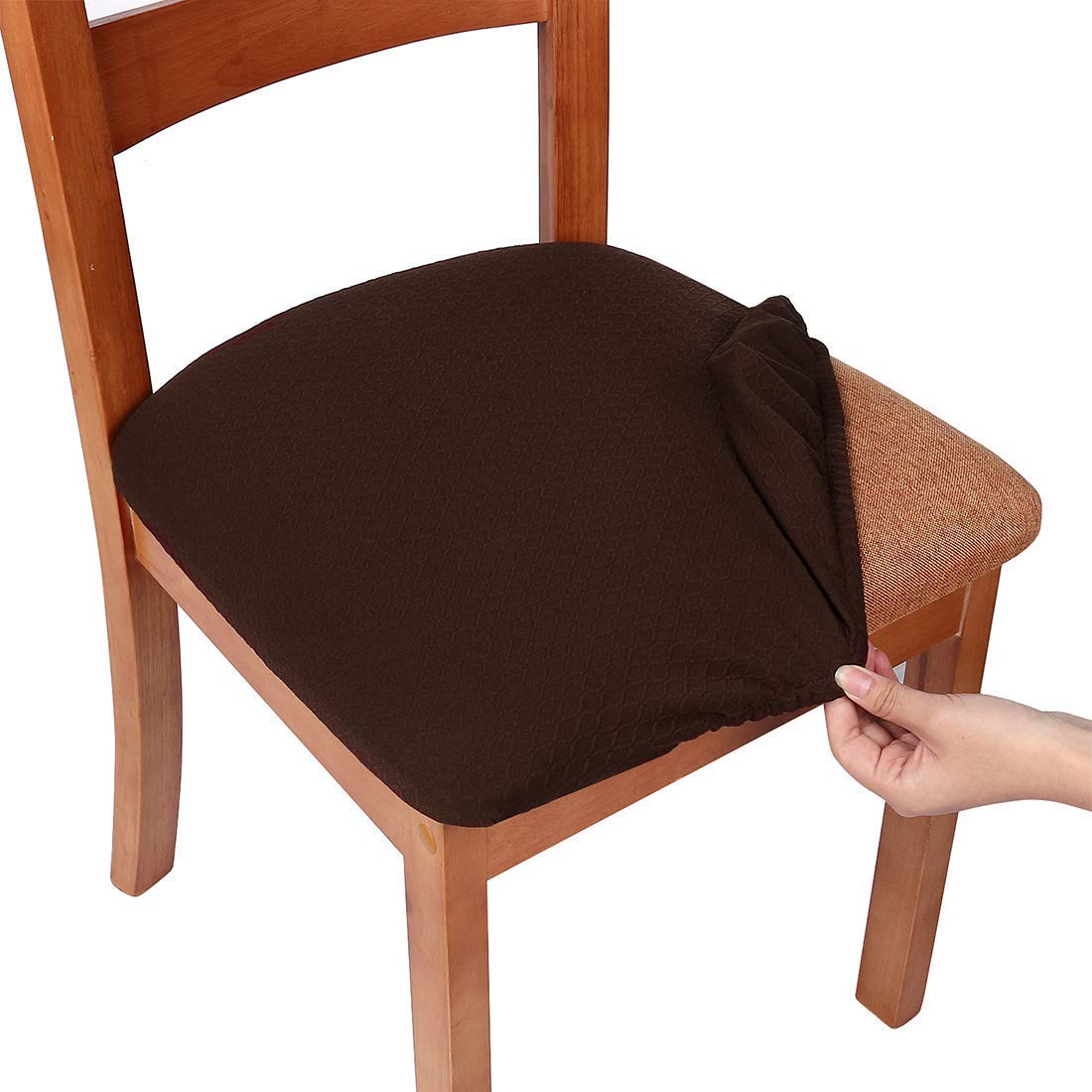 smiry Stretch Chair Seat Covers for Dining Room, Chocolate Set of 6 Jacquard Dining Chair Seat Protectors Chair Slipcovers