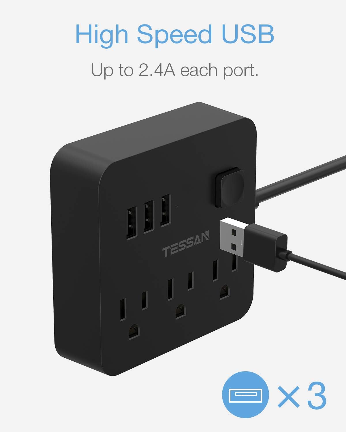Power Strip with 3 USB 3 Outlet, Desktop Charging Station 5 ft Flat Plug Extension Cord for Cruise Ship, Dorm Room Multi Plug Extender - Black: Electronics