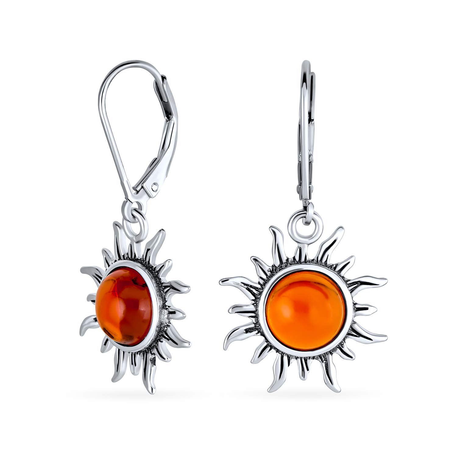 Tropical Honeymoon Vacation Beach Sun Rise Genuine Honey Cognac Amber Round Sunburst Dangle Drop Earrings For Women Lever back Oxidized .925 Sterling Silver — image 1