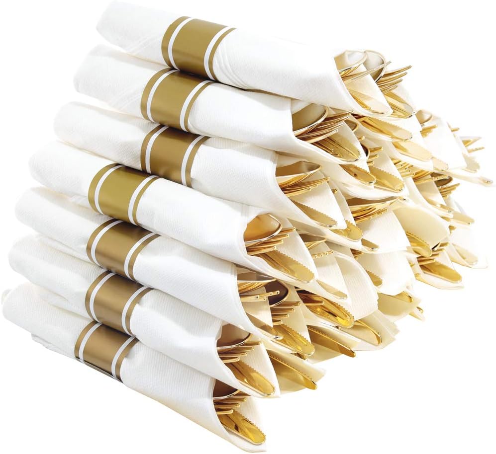I00000 30 Pack Pre Rolled Napkins with Gold Plastic Silverware, Premium Disposable Cutlery Set Includes: 30 Forks, 30 Knives, 30 Spoons, 30 Linen Like Napkins