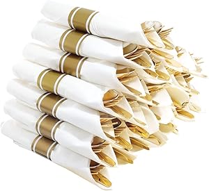 I00000 30 Pack Pre Rolled Napkins with Gold Plastic Silverware, Premium Disposable Cutlery Set Includes: 30 Forks, 30 Knives, 30 Spoons, 30 Linen Like Napkins