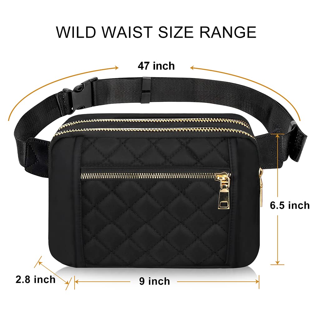Cute Large Black Fanny Packs for Women Cross Body Waist Bag Nylon Fashionable Fanny Pack Designer Workout Hiking Waist Pack Running Travel Gym Pretty Zipper Fashion Quilted Womens Fanny Pack