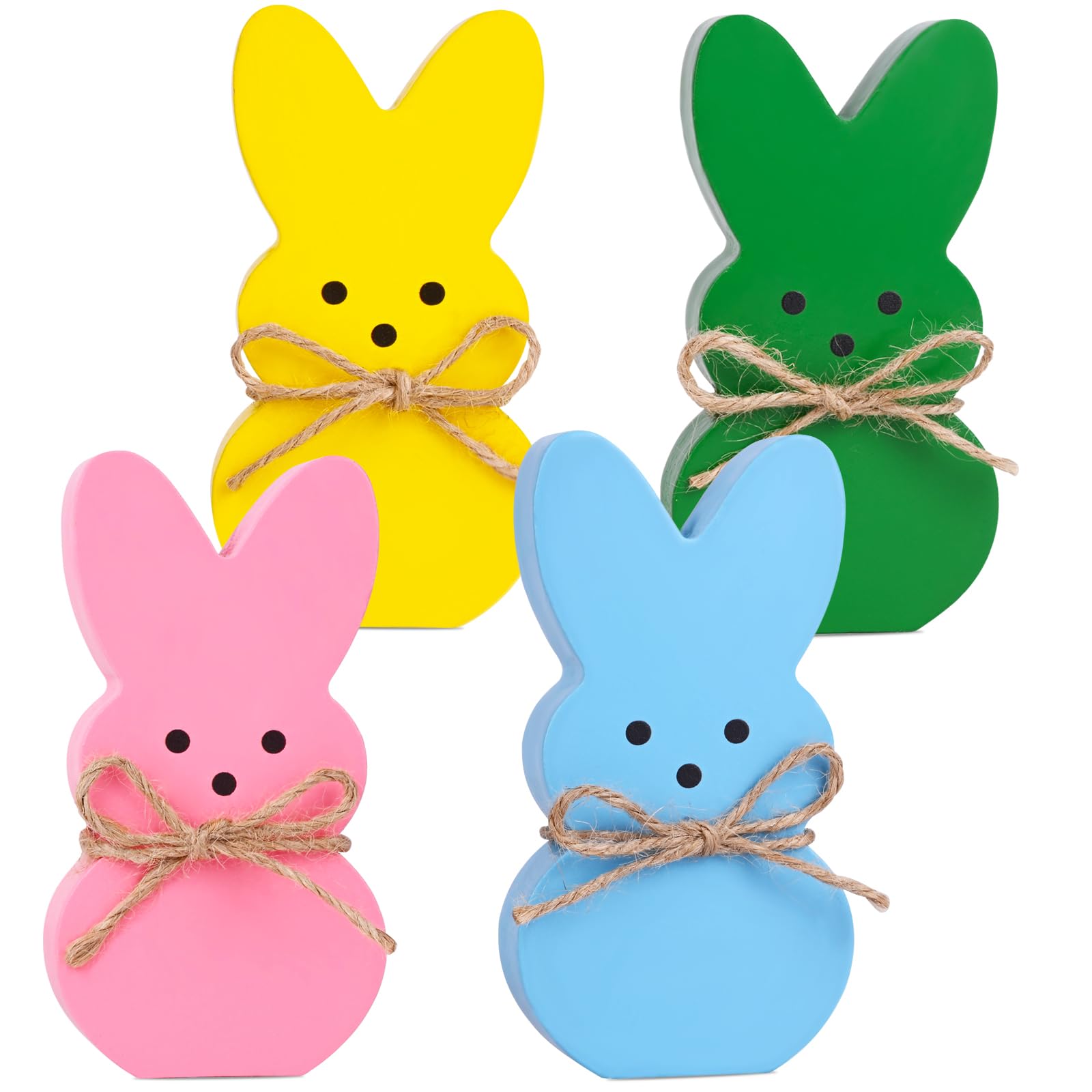Easter Décor, 4 Pcs Wooden Peep Bunny Decorations for Tiered Tray, Mantel, Farmhouse, Cute Spring Signs for Home, Office, Party Supplies