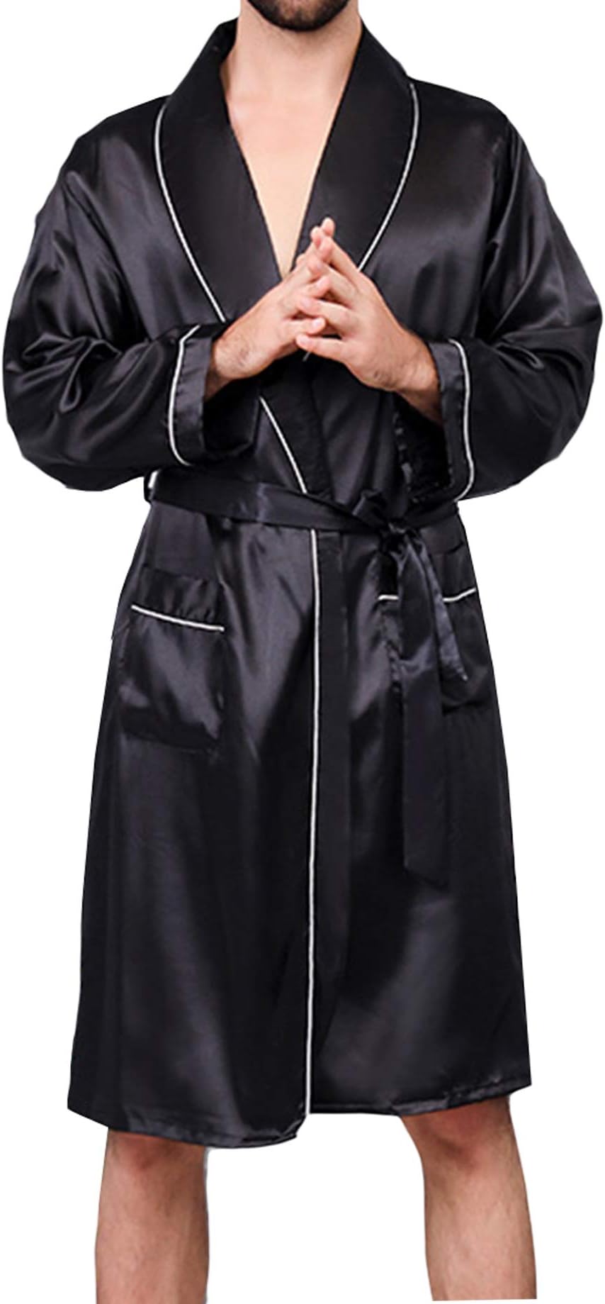 Mens Satin Robe Lightweight Silk Spa Bathrobe with Shorts Nightgown Long Sleeve House Kimono Printed Bathrobe Set