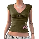 AKLOPVII Women Y2k Floral Embroidery V Neck Crop Tops Vintage Cute Cap Sleeve Slim Fit Cropped T Shirts 2000s Baby Tees