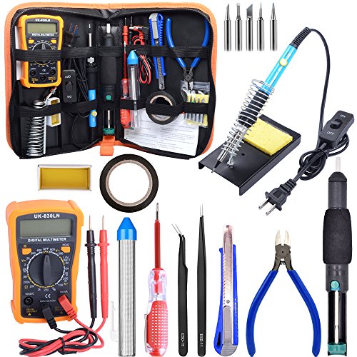 Soldering Kit,Soldering Iron Kit 60W 110V with Temperature Welding Tool,Digital Multimeter,5pcs Soldering Iron Tips,Desoldering Pump,Wire Stripper Cutter,Tweezers,Rosin,Soldering Iron Stand