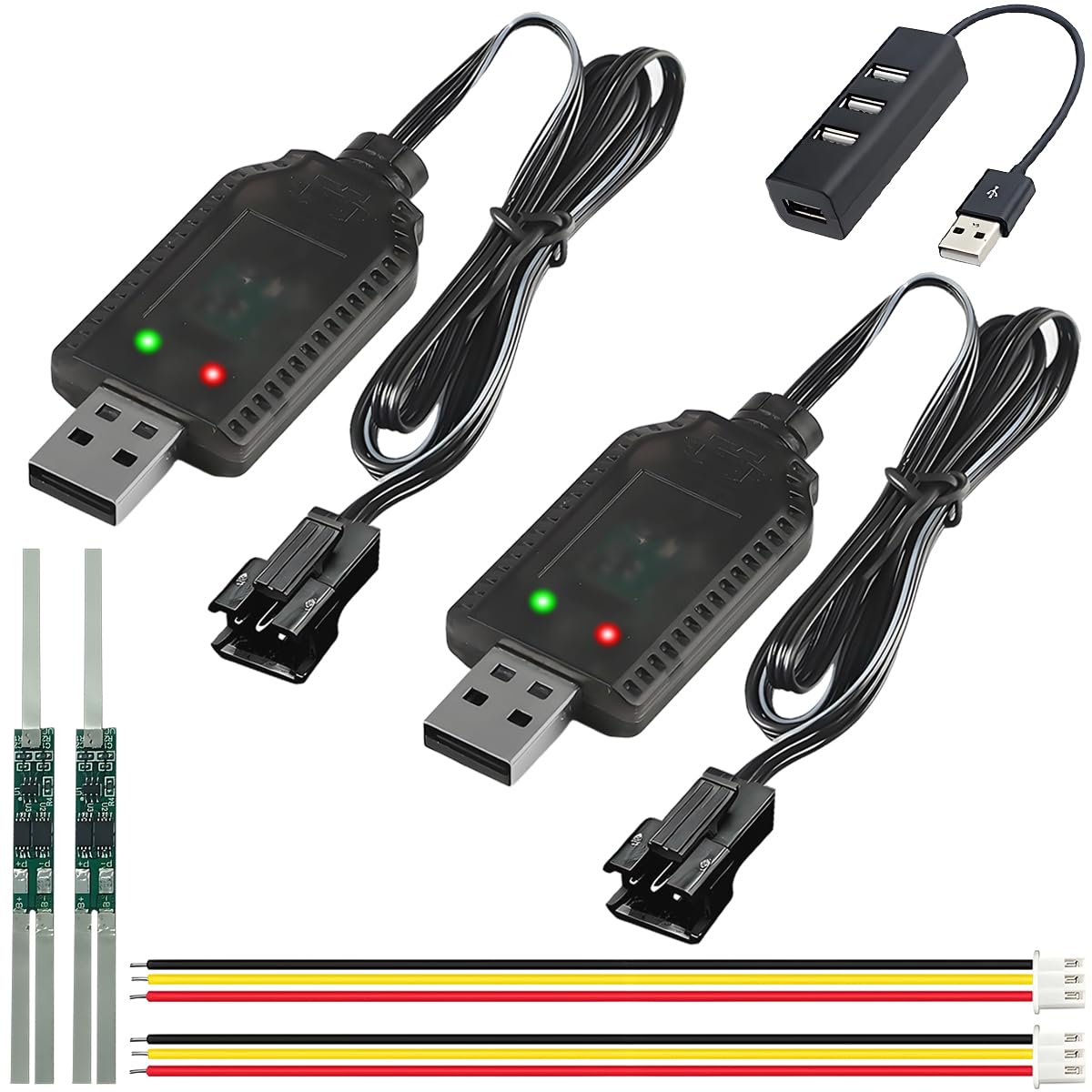 ZHUROUPU 2Pcs 7.4V RC USB Battery Charger with SM-3P Plug Connector for Nicd/Nimh Batteries, 1000mA RC Cars Drones Portable Charger Cable with LED Indicator, 3 Pin USB 3.0 Hub Splitter