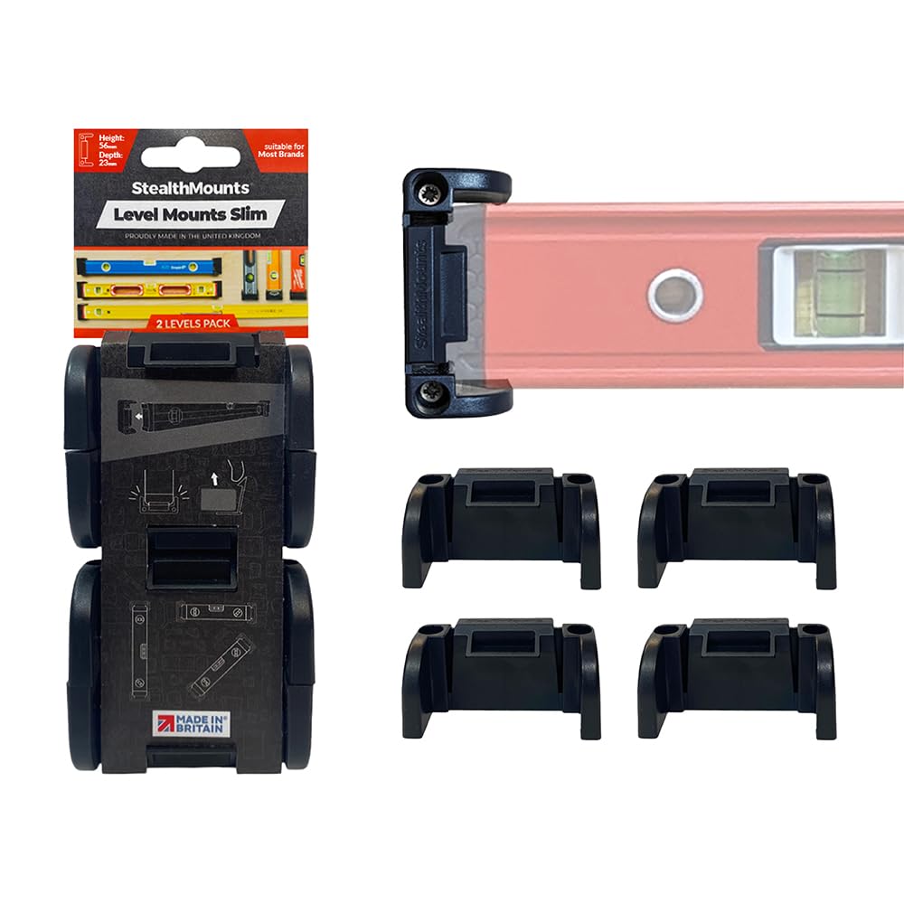 StealthMounts Universal Level Holder Slim – 2 Pack Black Wall Mounts for Spirit Levels | Fits Most Brands | Locking Level Brackets for Workshop, Garage & Van Storage | Heavy Duty ABS | Made in The UK