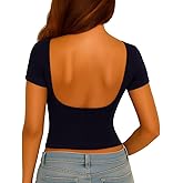 ForeFair Women Sexy Backless Going Out Tops Short Sleeve Slim Fit Summer Open Back Y2K Tops