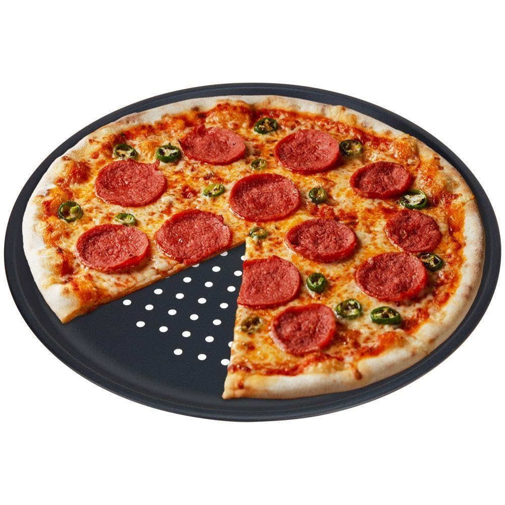 GEEZY Large Non-Stick Pizza Baking Tray 32cm (12.5") - Round Carbon Steel, Perforated Holes, Dishwasher, Fridge, Freezer Safe - Pizza Pan & Plate for Oven, Flatbread, Dough, Family Meals