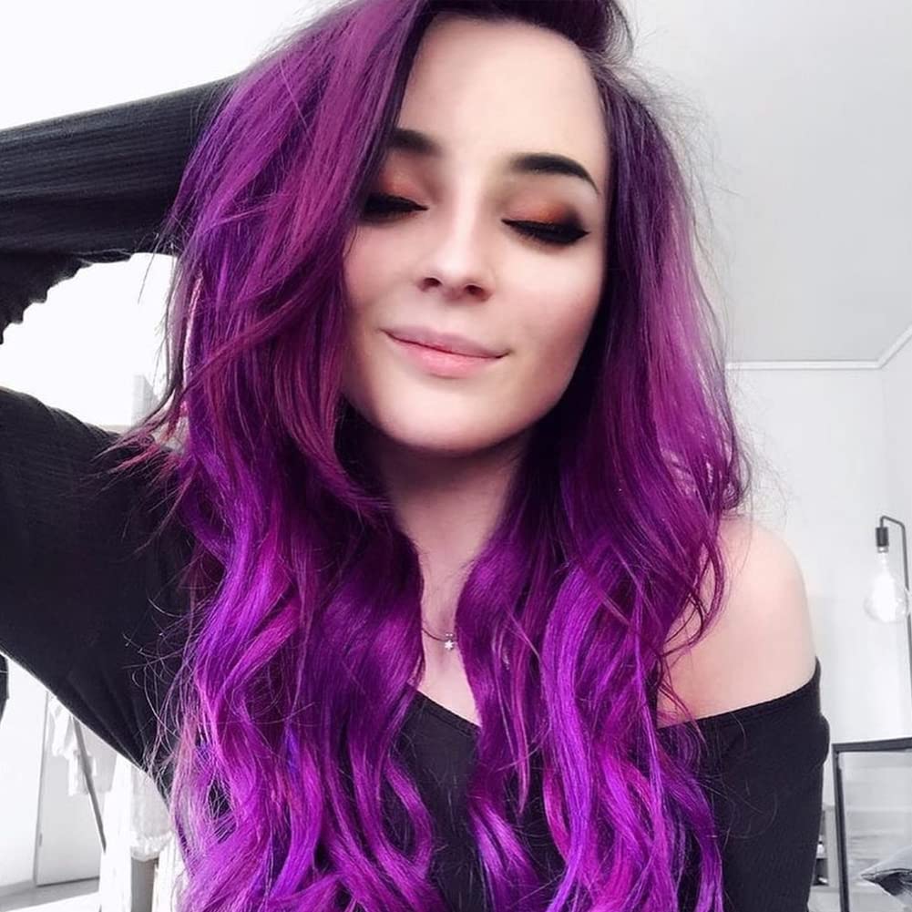 AFBeauty Dark Purple Lace Front Wig Ombre Purple with Black Root 1x4 Lace Wigs Synthetic Long Wavy Purple Wig Heat Resistance Fibre for Daily Use