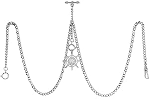 TREEWETO Men's Double Albert Chain Pocket Watch Curb Link Key Chain 3 Hooks with Antique Rudder Pendant Design Charm Fob T Bar