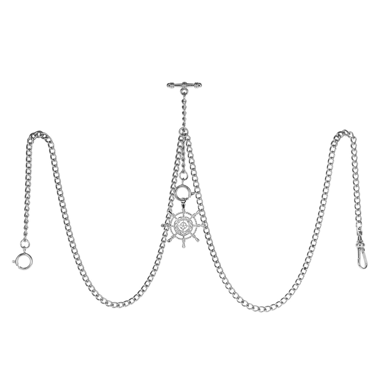 TREEWETO Men's Double Albert Chain Pocket Watch Curb Link Key Chain 3 Hooks with Antique Silver Rudder Pendant Design Charm Fob T Bar
