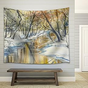 Watercolor Painting of Winter Landscape: River in Fores During Sunset. - Fabric Wall Tapestry Home Decor - 51x60 inches