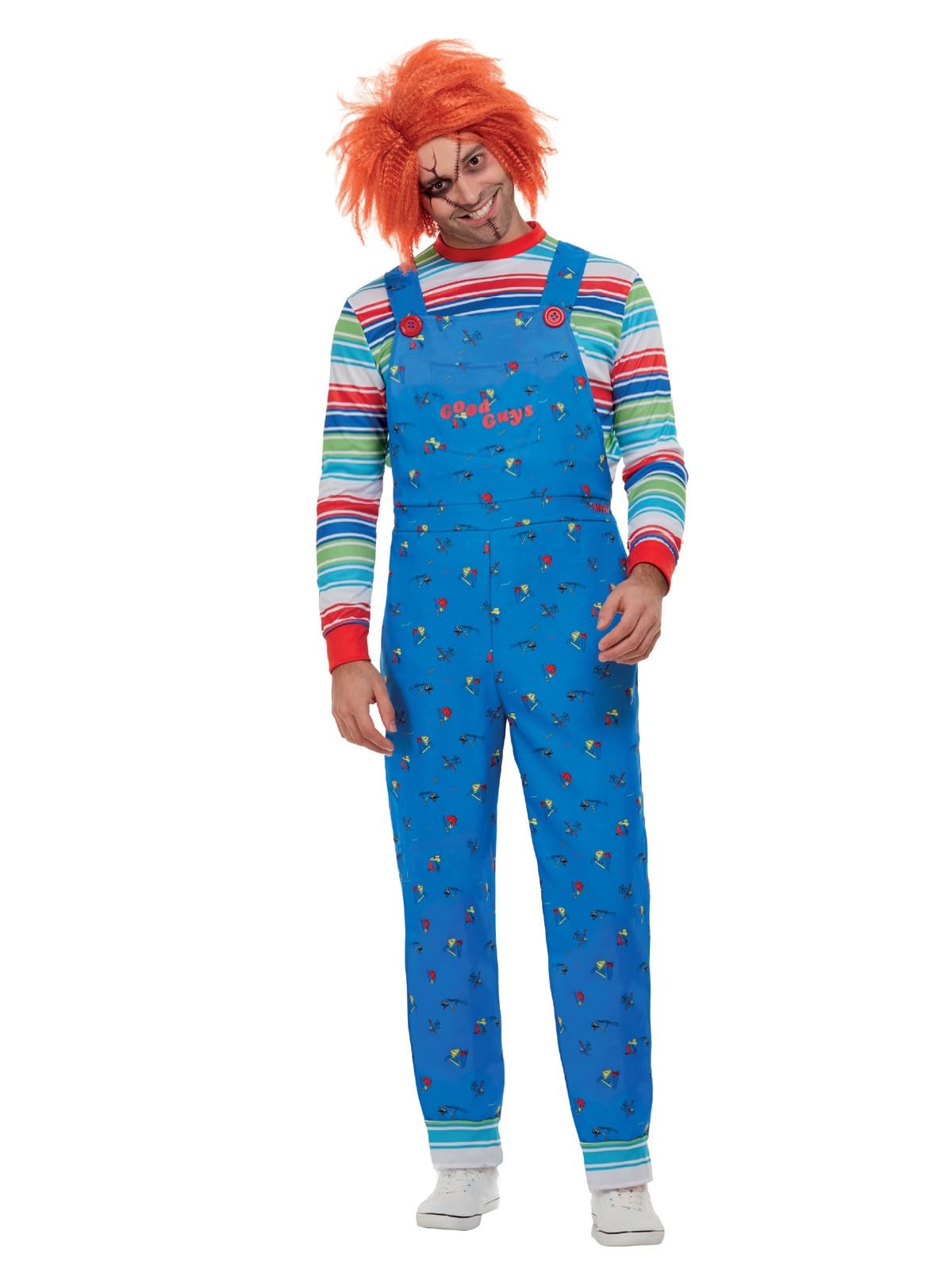 Smiffys Chucky Costume in Blue for Adults, Top and Printed Dungarees, Officially Licensed, Striped Top with Colour Block Cuffs, Perfect for Halloween and Matching Pet Costumes