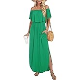 LILBETTER Womens Off The Shoulder Ruffle Party Dresses Side Split Beach Maxi Dress