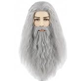 Long Gray Wig and Beard Set for Men Old Man Cosplay Wig with Fake Beard for Santa Claus Halloween Wizard Costume Christmas Party