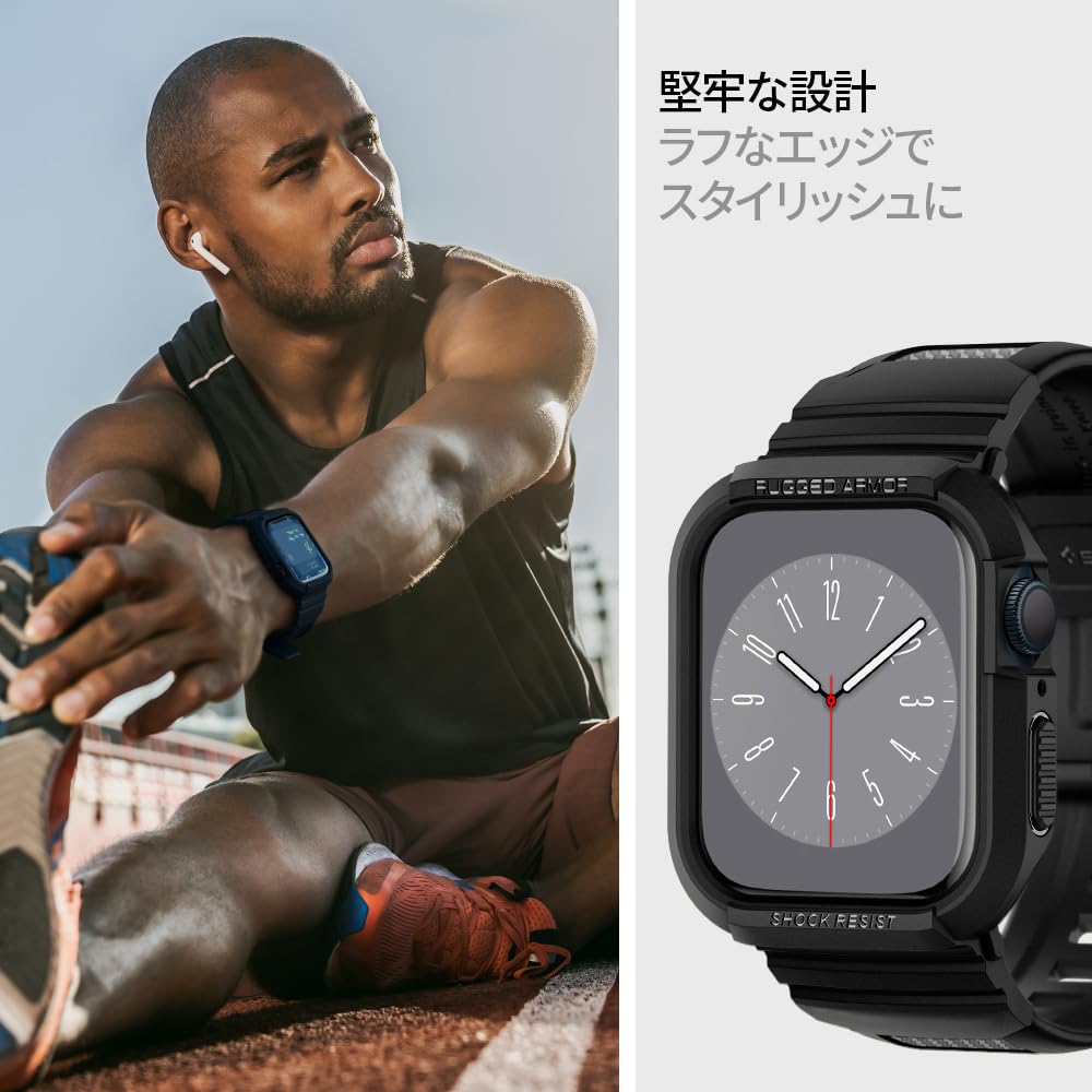 Spigen Apple Watch 45mm | 44mm 一体型 バンド ケース 【 Apple Watch 9 / 8 / 7 / SE2 / SE / 6 / 5 / 4 対応 】 カバー 耐衝撃 PC TPU 二重構造 スポーツバンド 落下 衝撃 吸収 耐久性 傷防止 ラギッド・アーマー・プロ 062CS25324 (ブラック)