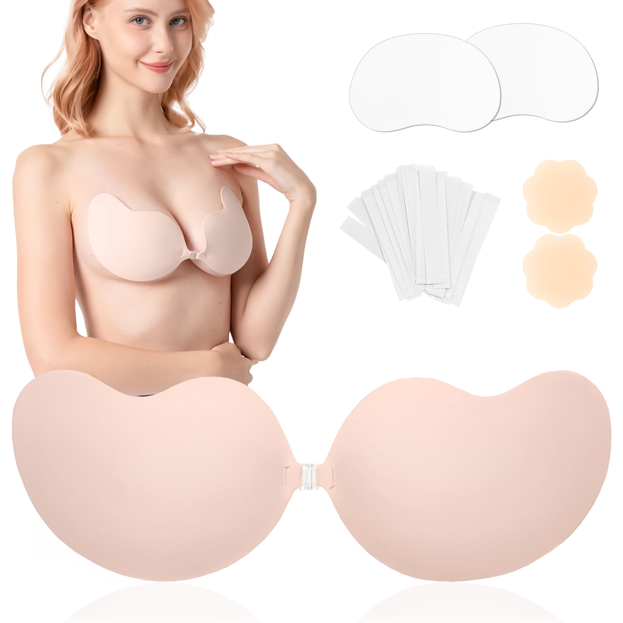 Photo 1 of Awant Strapless Backless Sticky Push Up Bra Invisible Stick on Adhesive Bra for Women Reusable with Nipple Covers 1 Pair A Cup Beige