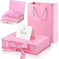 Zonon Father's Day Gift Boxes with Lid and Ribbon 9 x 7 x 3'' Luxury Senses Gift Bags with Greeting Card Tissue Paper for Father Wedding Graduation Birthday Present Decoration Party Favor(Pink)